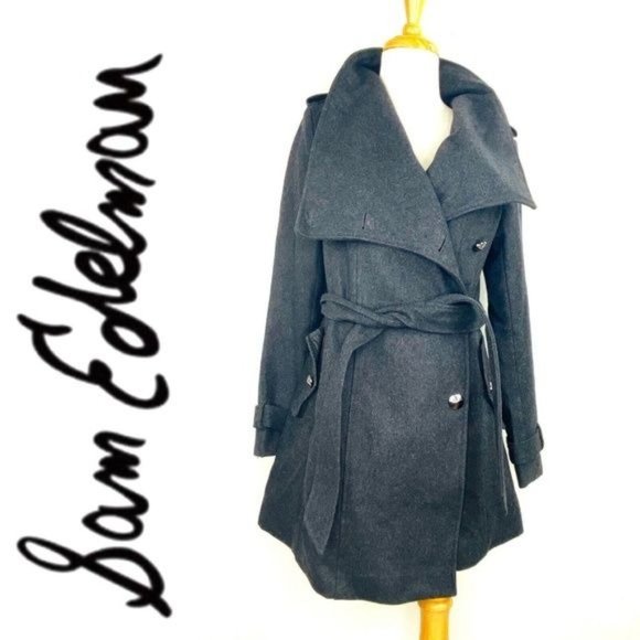 SAM EDELMAN Ladies Double Breasted Trench Wool Belted Flared Logo Buttons Gray - Picture 3 of 11